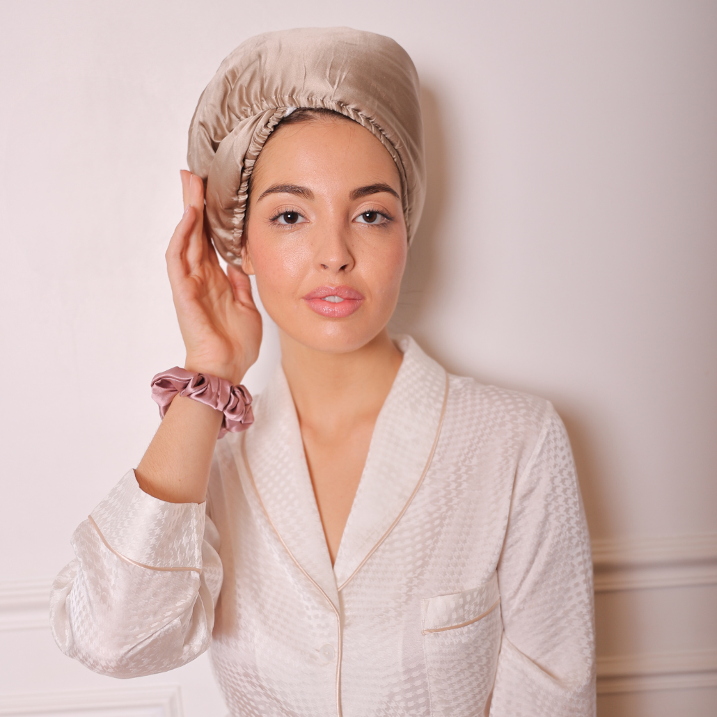 Turban serviette réversible en microfibre et Soie 19 momme – Soin optimisé après la douche